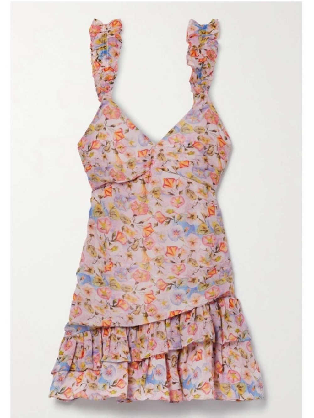 LoveShackFancy Desra Pastel Floral Ruffle-Trim Mini Dress